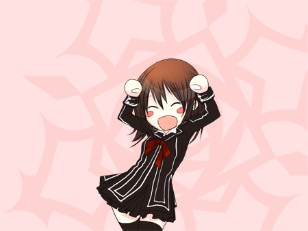 animated, animated_gif, black_legwear, blush, brown_hair, caramelldansen, closed_eyes, cross_yuki, dancing, flower, gif, heart, laughing, lowres, open_mouth, parody, ribbon, sagakure, school_uniform, short_hair, skirt, smile, solo, thighhighs, vampire_knight, yuki_cross, zettai_ryouiki