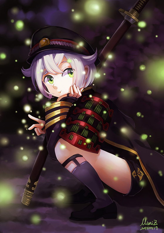 1boy, :t, armor, artist_name, cape, dated, fireflies, green_eyes