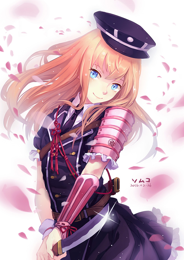 1boy, armor, artist_name, black_necktie, blue_eyes, cherry_blossoms, cowboy_shot, crossdressinging