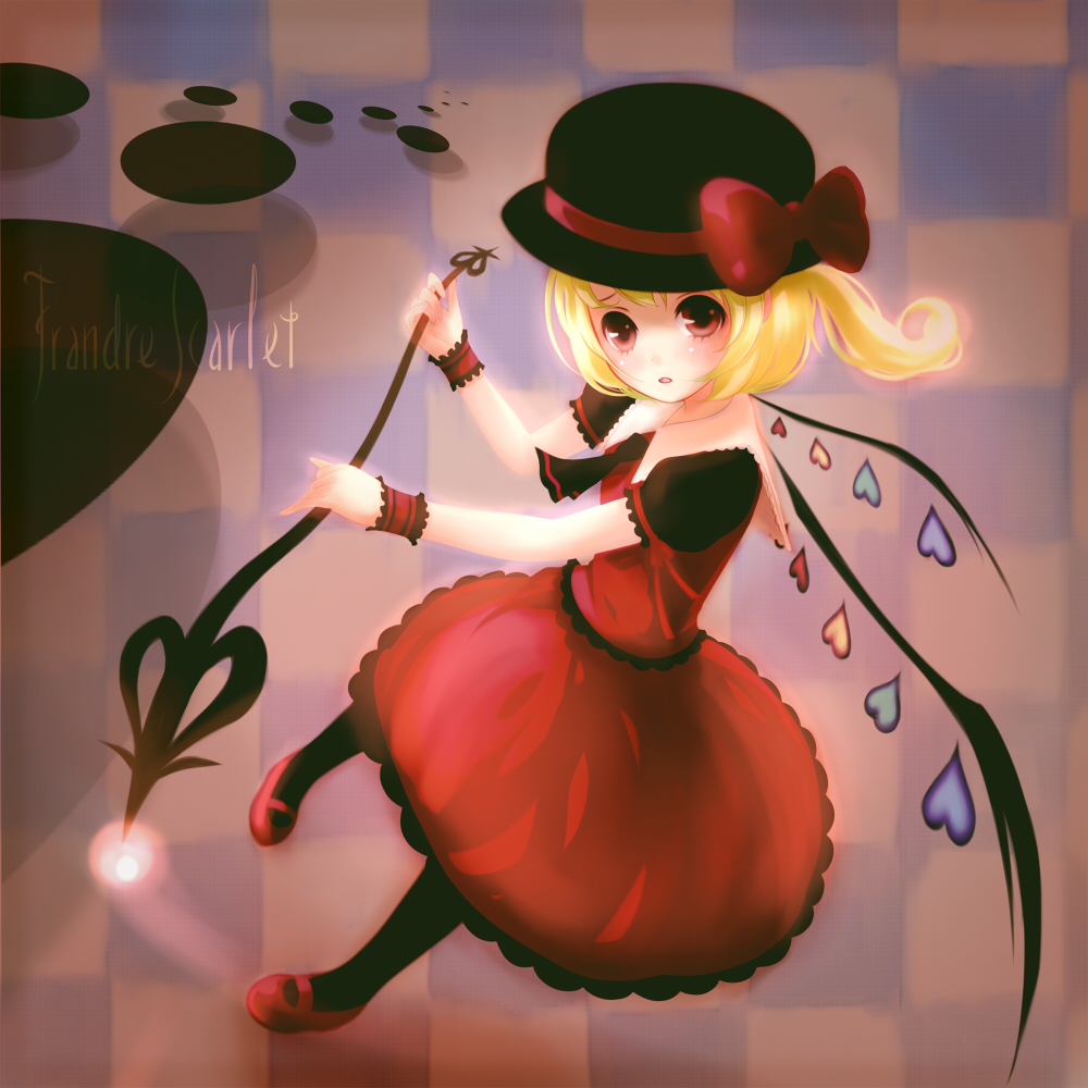 blonde_hair, flandre_scarlet, hat, heart, laevatein, polearm, ponytail, red_eyes