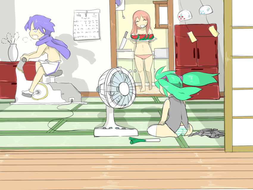 1boy, 2girls, aqua_eyes, aqua_hair, barefoot, blue_hair, blue_scarf, electric_fan