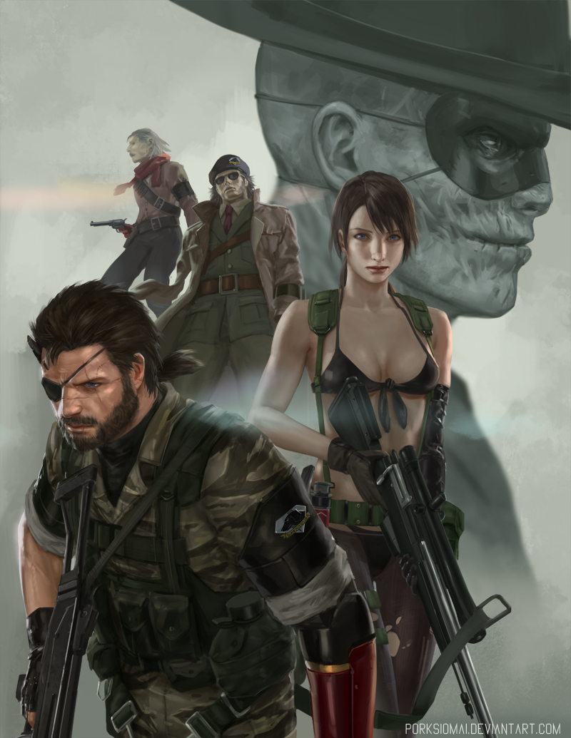 1girl, 4boys, amputee, assault_rifle, beard, beret, bikini, black_bikini