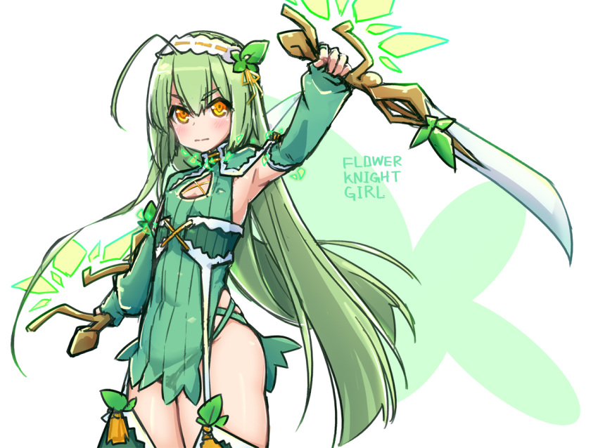 1girl, copyright_name, cowboy_shot, detached_sleeves, expressionless, fingerless_gloves, flat_chest, flower_knight_girl