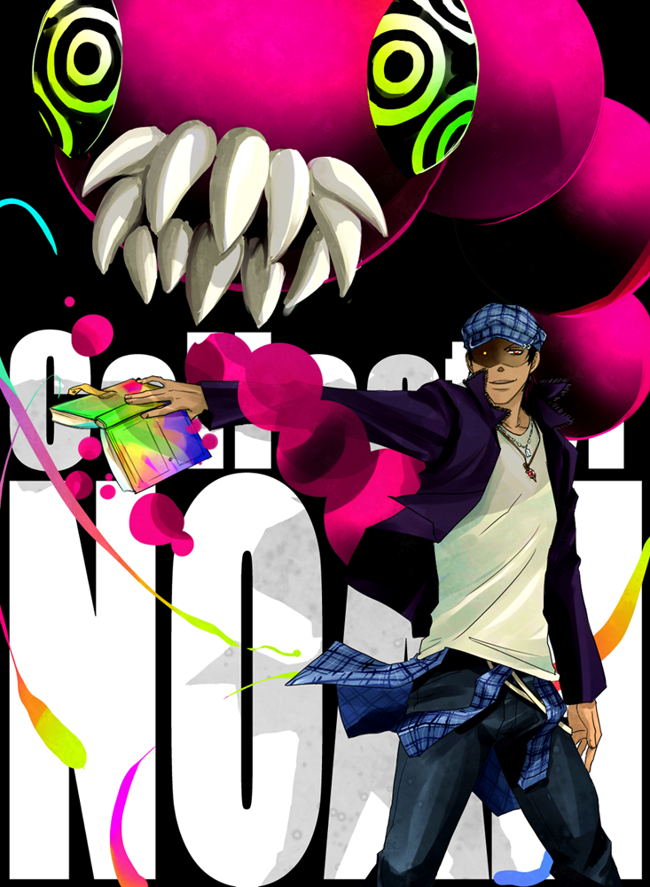 1boy, book, character_name, dark_skin, evil_smile, hat, jacket, jewelry