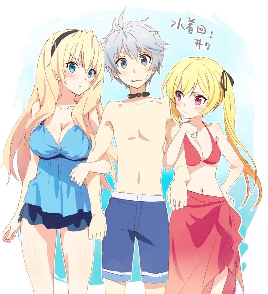 bikini, blonde_hair, blush, breasts, celestia_ralgris, choker, cleavage, grey_eyes, grey_hair, hairband, lizsharte_atismata, long_hair, lux_acadia, one-piece_swimsuit, pout, saijaku_muhai_no_bahamut, side_ponytail, swim_trunks, swimsuit, tokira_nozumi