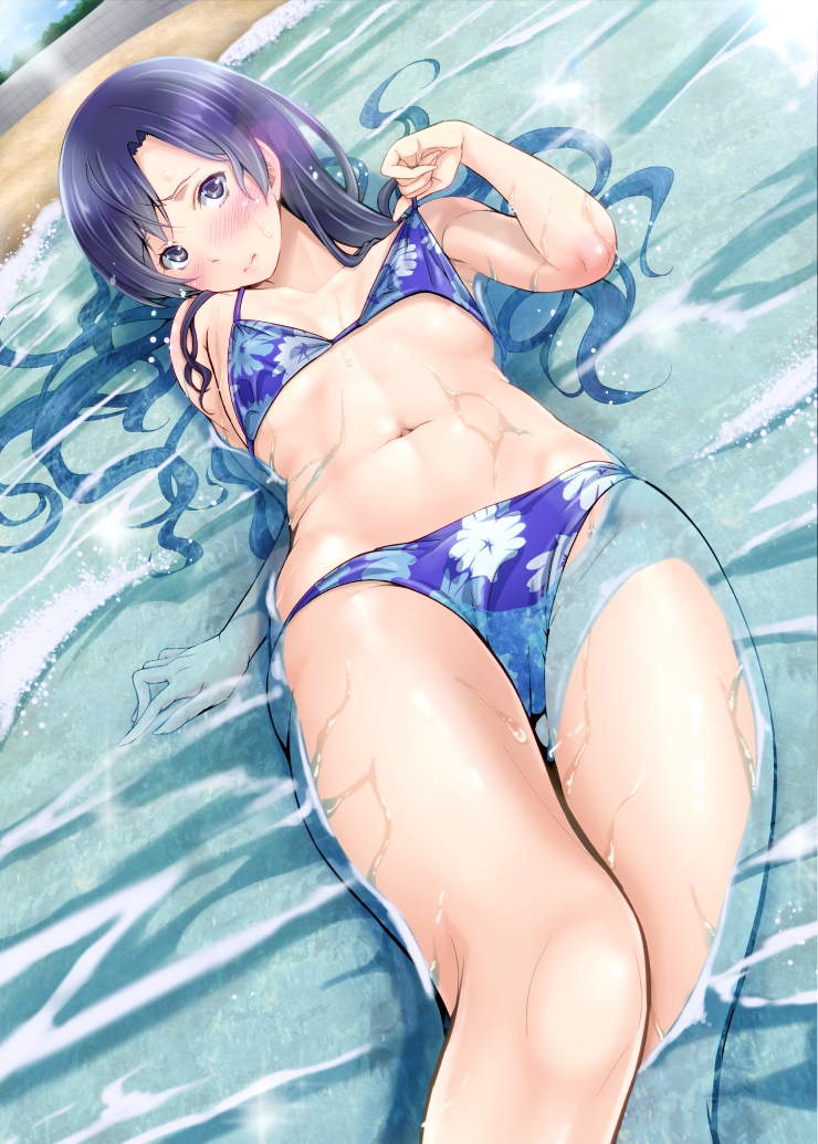 1girl, beach, bikini, blue_hair, blush, brown_eyes, flat_chest, idolmaster, kimura_neito, kisaragi_chihaya, partially_submerged, solo, swimsuit