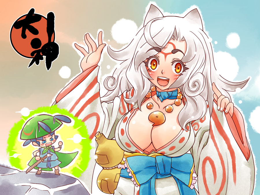 animal_ears, breasts, cleavage, dog_ears, enraku_(pixiv), issun, japanese_clothes, kimono, okami, personification, tsuutenkaaku, white_hair, yukata