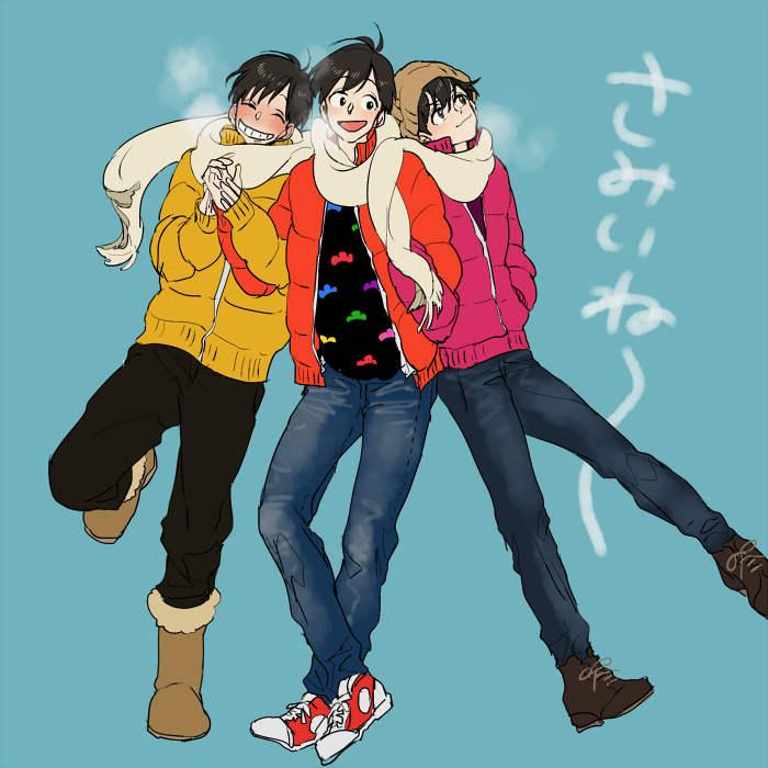 3boys, black_hair, blue_background, blush, boots, breath, brothers, coat