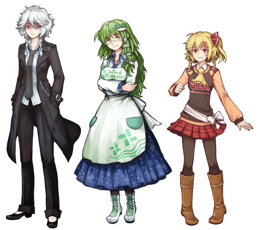 alternate_costume, amaguri_(2niso2), apron, blonde_hair, blue_eyes, boots, braid, clenched_hand, coat, frog_hair_ornament, glasses, green_eyes, green_hair, grey_hair, hair_ornament, hand_in_pocket, highres, izayoi_sakuya, kochiya_sanae, pants, pantyhose, red_eyes, rumia, skirt, snake_hair_ornament, touhou, twin_braids