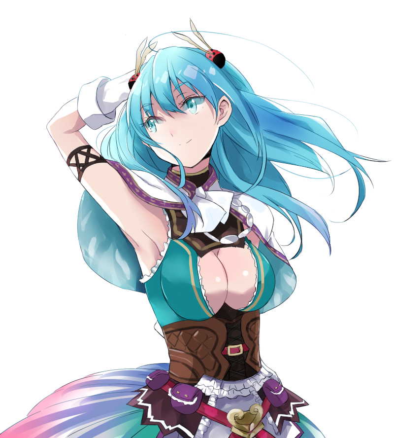 1girl, arm_up, armpits, atelier_(series), atelier_sophie, blue_eyes, blue_hair, breasts
