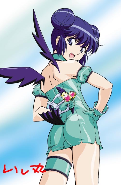 1girl, aizawa_mint, arm_garter, ass, back, bangs, blue_eyes, blue_hair