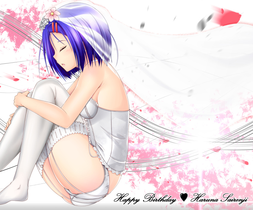 1girl, ass, bare_shoulders, blue_hair, breasts, bustier, closed_eyes, garter_straps