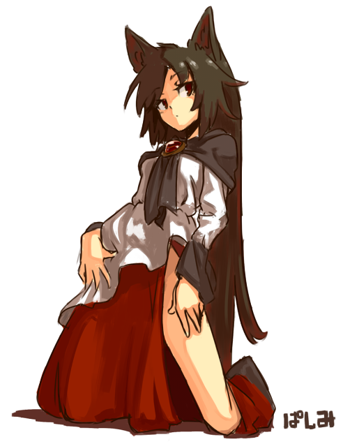 1girl, animal_ears, brooch, brown_hair, dress, fran_(tukihashi), imaizumi_kagerou, jewelry, long_sleeves, looking_at_viewer, red_eyes, simple_background, solo, touhou, white_background, wide_sleeves, wolf_ears