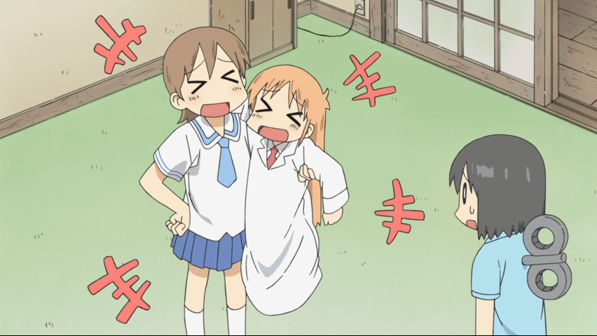 >_<, 3girls, aioi_yuuko, animated, animated_gif, black_hair, blonde_hair, brown_hair