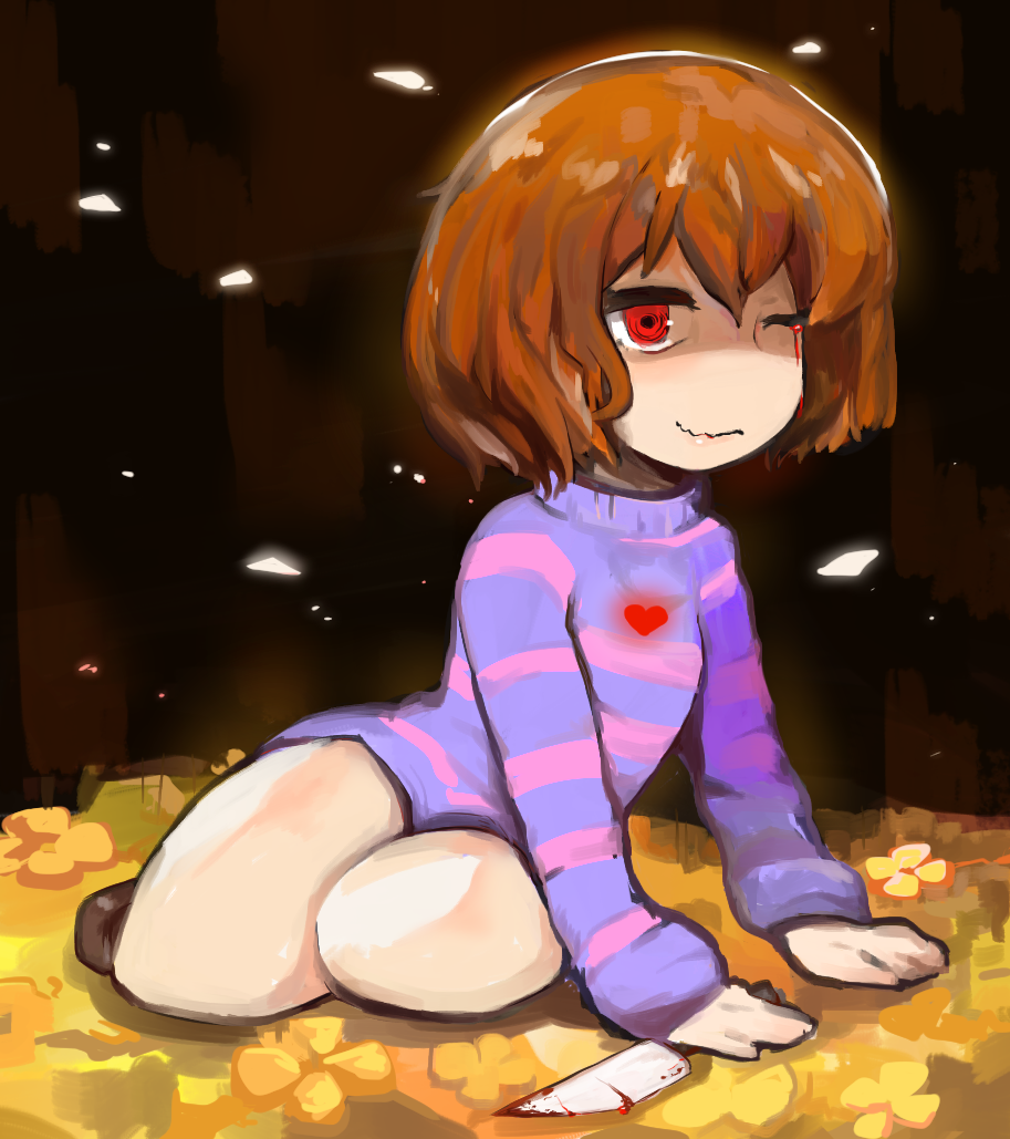 1other, androgynous, bleeding, blood, brown_hair, flower, flower_bed, frisk_(undertale)