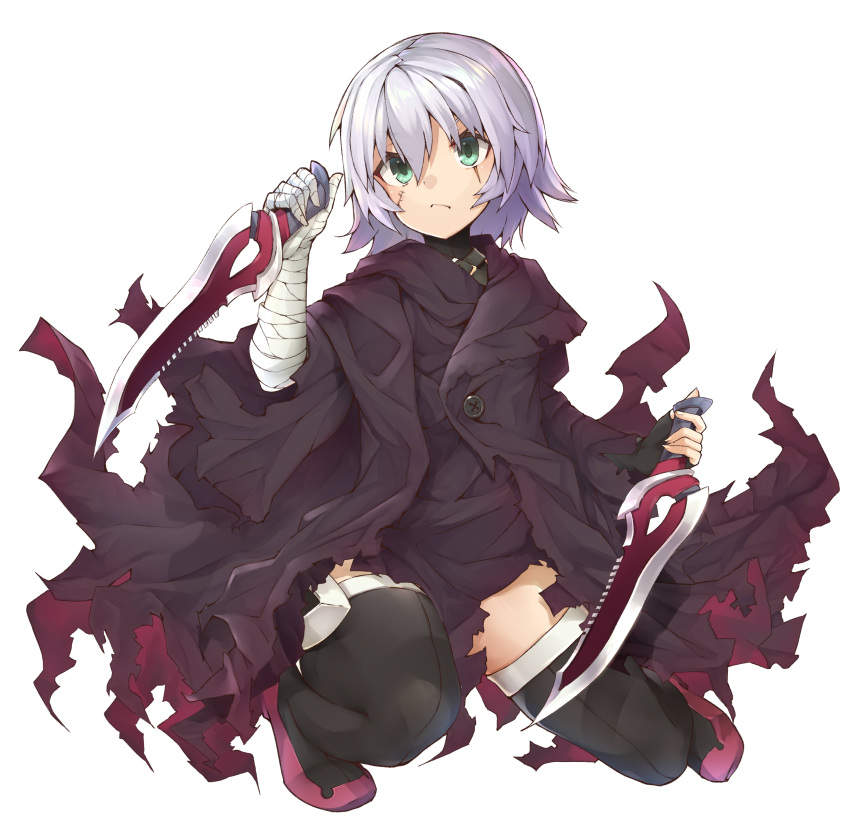1girl, absurdres, assassin_of_black, bandaged_arm, bandages, black_gloves, black_legwear, blade