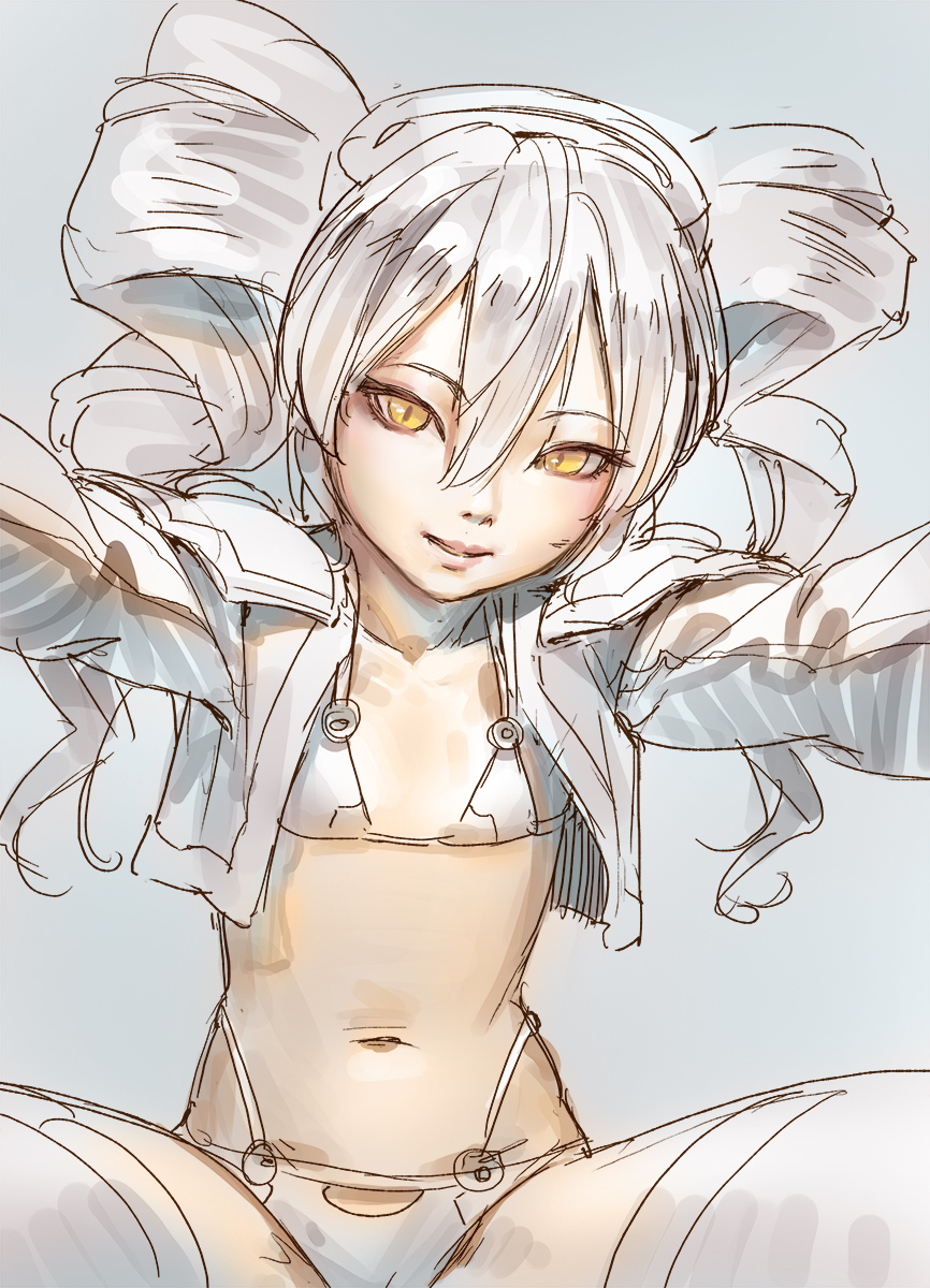 1girl, disc_(needless), drill_hair, headphones, highres, long_hair, looking_at_viewer, needless, silver_hair, smile, solo, swimsuit, tim_loechner, twin_drills, twintails, yellow_eyes
