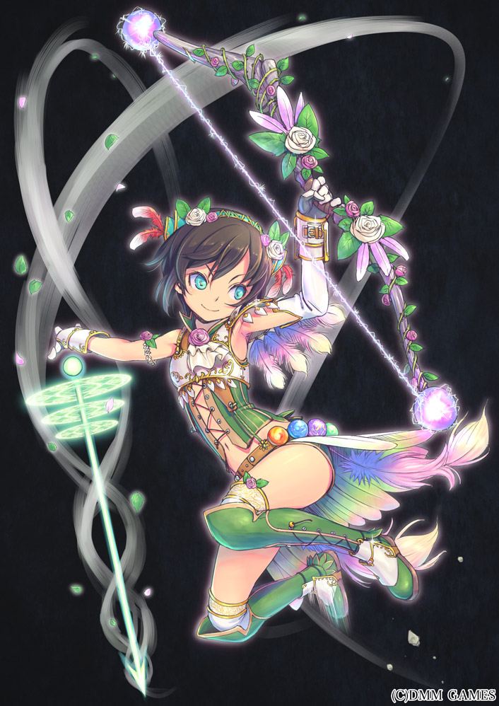 armpits, arrow, black_hair, blue_eyes, bow_(weapon), last_summoner, official_art, piro_(orip), robin_hood_(last_summoner), short_hair, tagme, weapon