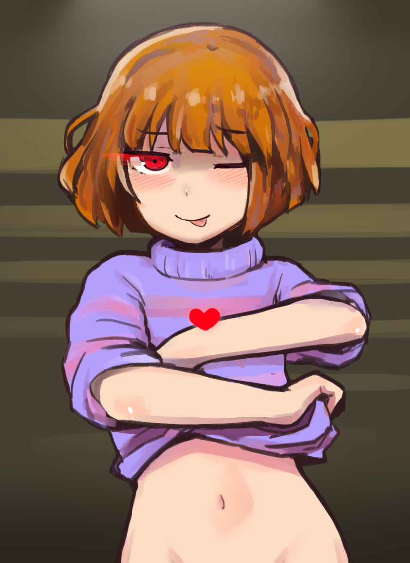 androgynous, blush, brown_hair, frisk_(undertale), hasso_(goodbad963), heart, looking_at_viewer, navel