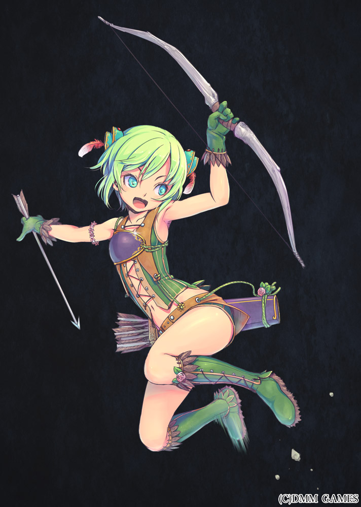 armpits, arrow, blue_eyes, bow_(weapon), green_hair, last_summoner, official_art, piro_(orip)