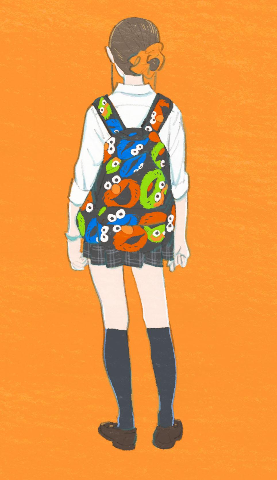 1girl, backpack, bag, black_legwear, brown_hair, collared_shirt, cookie_monster, elmo