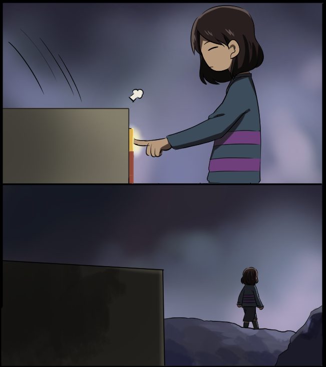 2koma, androgynous, boots, box, brown_hair, closed_eyes, closing, comic, frisk_(undertale), guppy--17, mettaton, parody, pressing, shirt, shorts, silent_comic, striped, striped_shirt, tagme, tengen_toppa_gurren_lagann, undertale, walking_away