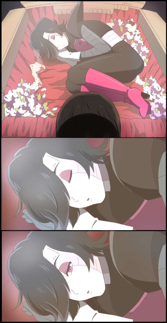 1boy, 3koma, androgynous, android, black_hair, brown_hair, comic, frisk_(undertale), guppy--17, highres, mettaton, mettaton_ex, parody, robot, short_hair, silent_comic, sleeping, tengen_toppa_gurren_lagann, undertale, violet_eyes, waking_up, white_skin