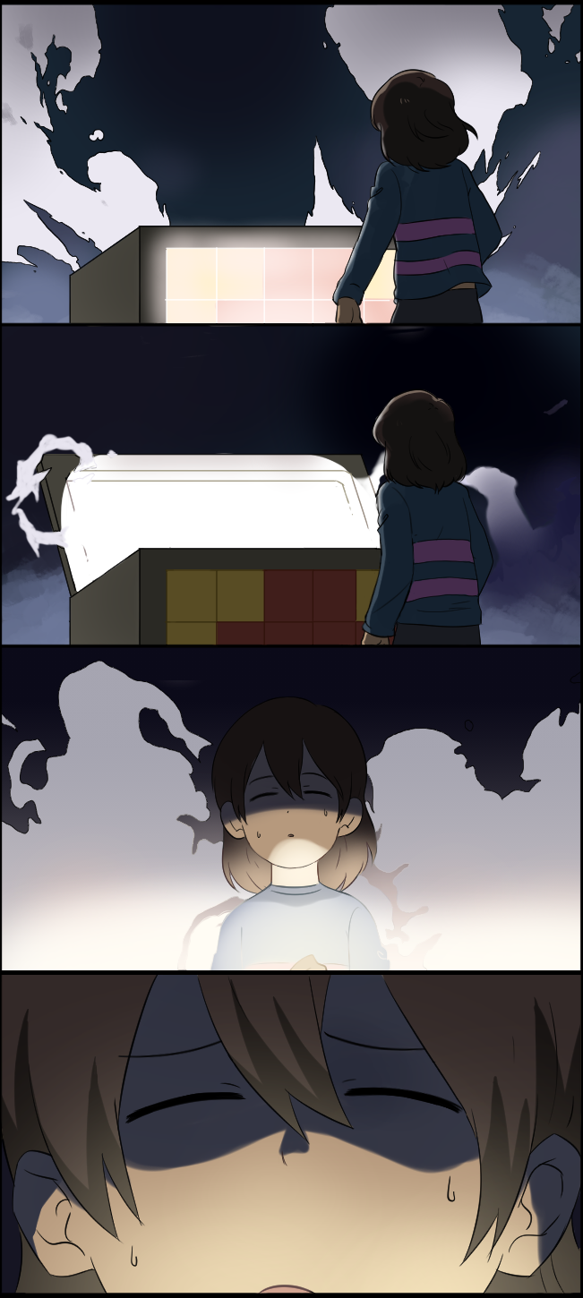 4koma, androgynous, box, brown_hair, closed_eyes, comic, frisk_(undertale), glowing, guppy--17, highres, mettaton, opening, parody, shirt, silent_comic, smoke, striped, striped_shirt, sweatdrop, tagme, tengen_toppa_gurren_lagann, undertale