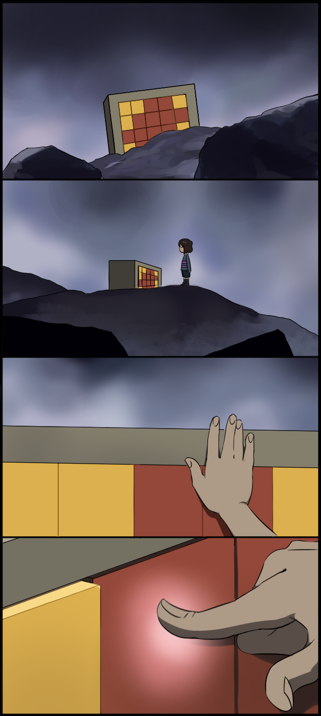 4koma, androgynous, boots, box, brown_hair, closed_eyes, comic, frisk_(undertale)