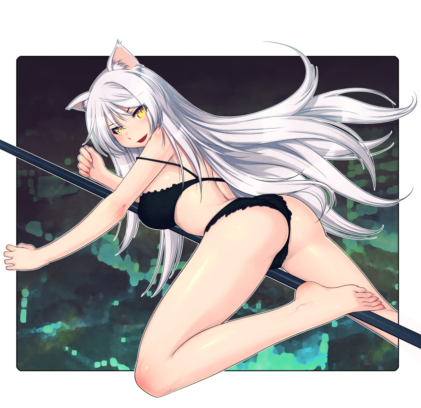 1girl, :d, animal_ears, ass, back, bakemonogatari, bangs, bare_legs