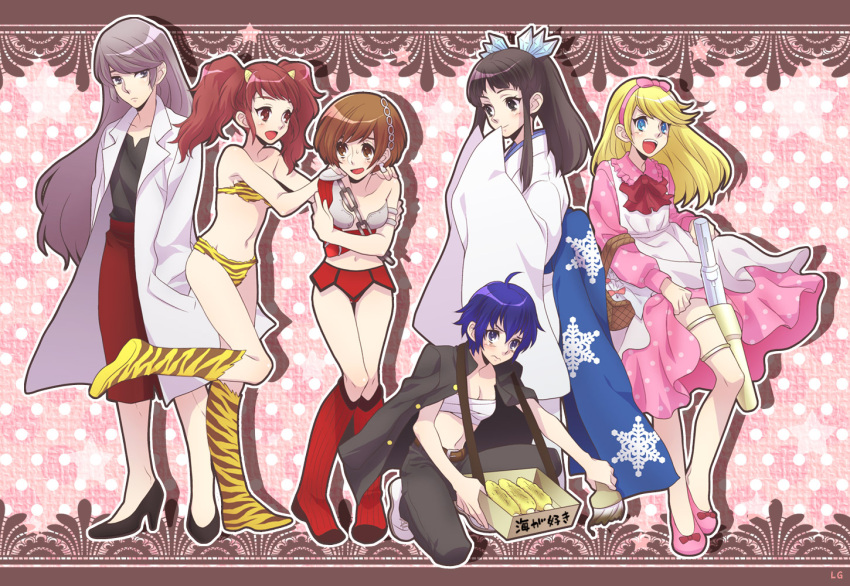banchou, benten, benten_(cosplay), bikini, black_eyes, black_hair, blonde_hair, blue_eyes