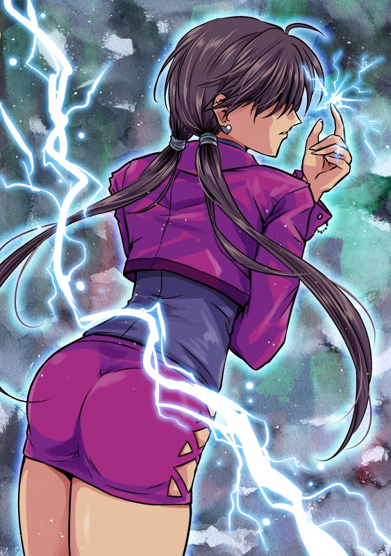 1girl, ass, brown_hair, cropped_jacket, dark_persona, dark_skin, earrings, electricity