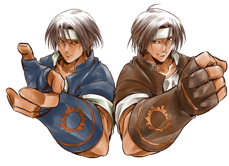 2boys, brown_eyes, brown_hair, clone, cosplay, fingerless_gloves, gloves, grin