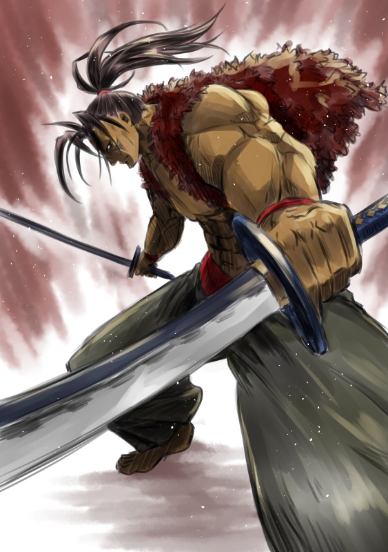 abs, akatsuki_musashi, aura, bare_shoulders, barefoot, black_hair, japanese_clothes, katana