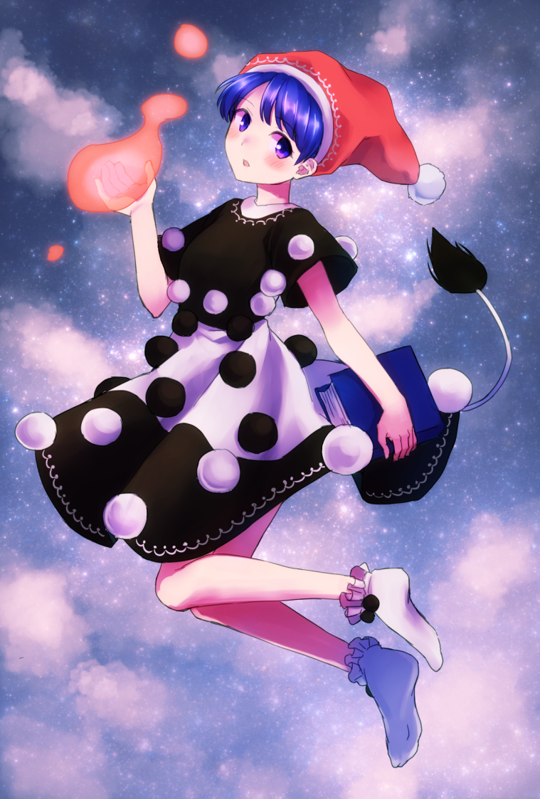 1girl, blue_hair, book, doremy_sweet, hat, mismatched_socks, nightcap, pom_pom_(clothes)