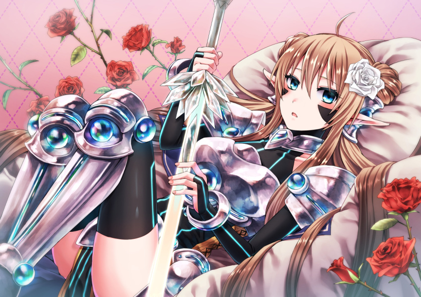 1girl, blue_eyes, cardfight!!_vanguard, elf, female, flower, glowing, glowing_sword