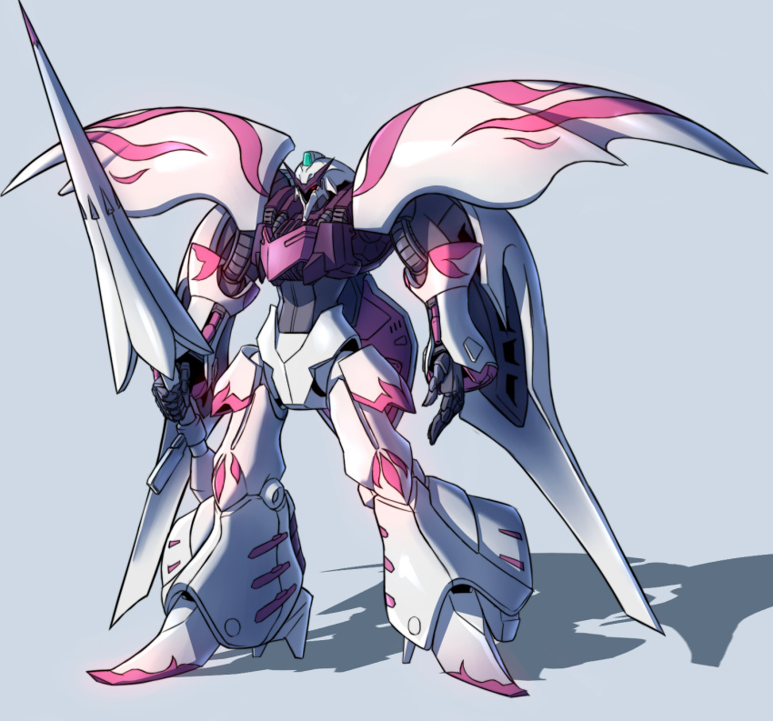 alternate_color, grey_background, gundam, gundam_build_fighters, highres, lance, mecha, no_humans