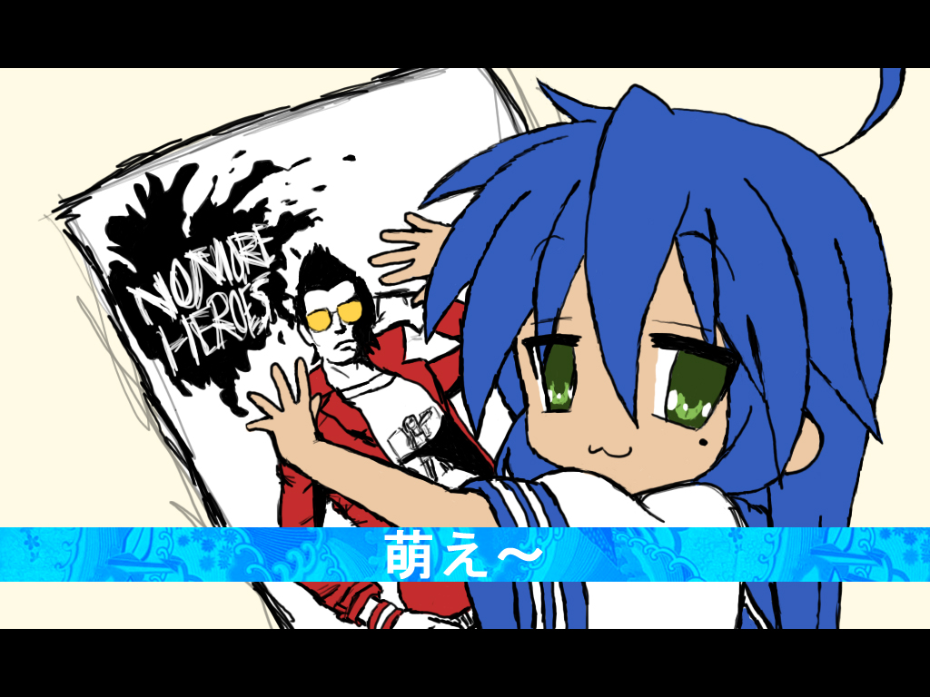 1024x768, 1girl, :3, ahoge, blue_hair, crossover, green_eyes, izumi_konata