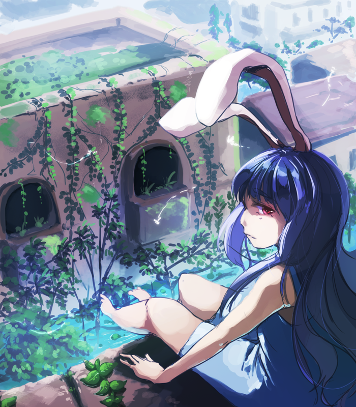 1girl, alternate_costume, animal_ears, backlighting, barefoot, blue_dress, building, day, dress, expressionless, eyebrows, eyebrows_visible_through_hair, from_above, from_behind, grass, heiya, legs, long_hair, looking_at_viewer, moss, nature, overgrown, pink_eyes, plant, purple_hair, rabbit_ears, reisen_udongein_inaba, shiny, shiny_hair, sitting, sleeveless, sleeveless_dress, solo, stream, sundress, sunlight, thighs, toes, touhou, tree, very_long_hair, vines, water