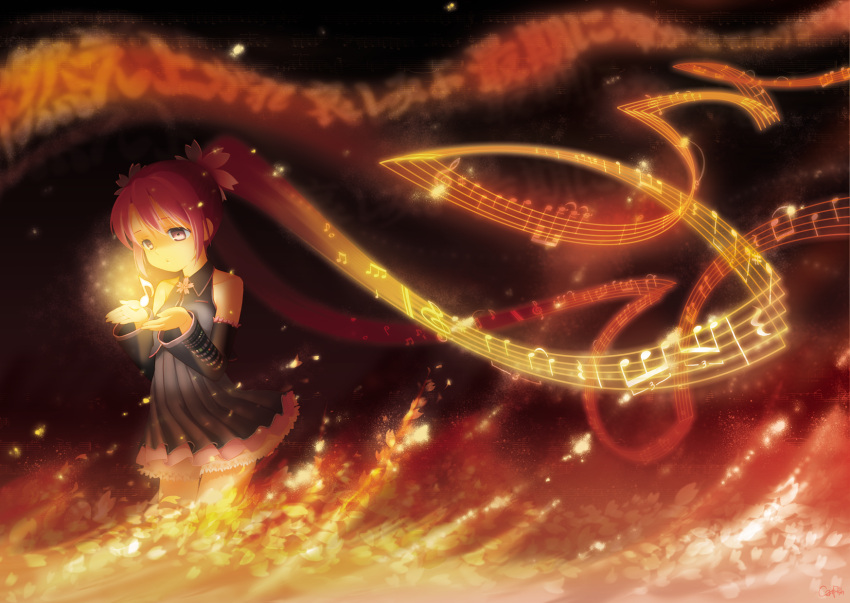 alternate_color, bare_shoulders, cremation_melody_(vocaloid), detached_sleeves, flower, hatsune_miku, highres, long_hair