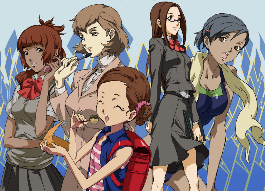 backpack, bag, black_hair, blazer, brown_hair, cellphone, closed_eyes, competition_swimsuit