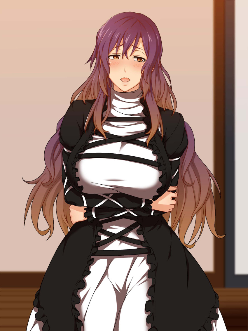 1_(kawaseha), 1girl, blush, breast_hold, breasts, brown_hair, cross-laced_clothes, crossed_arms