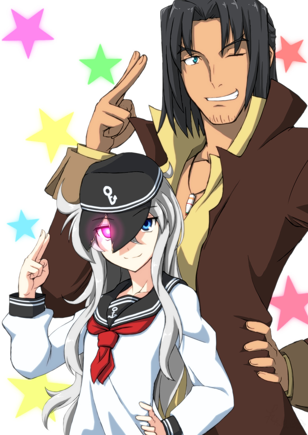 1boy, 1girl, ;d, aqua_eyes, black_hair, collarbone, crossover, grin