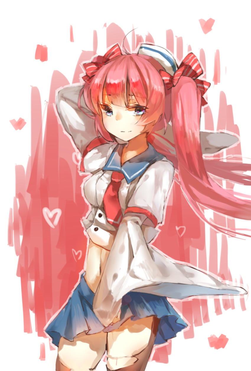 1girl, blue_eyes, breasts, hat, highres, juine, long_hair, looking_at_viewer, midriff, pink_hair, skirt, smile, solo, taihou_(zhan_jian_shao_nyu), thigh-highs, torn_clothes, torn_thighhighs, twintails, very_long_hair, wide_sleeves, zhan_jian_shao_nyu