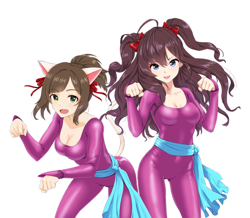 2girls, animal_ears, blue_eyes, blush, bodysuit, bow, breasts, brown_hair