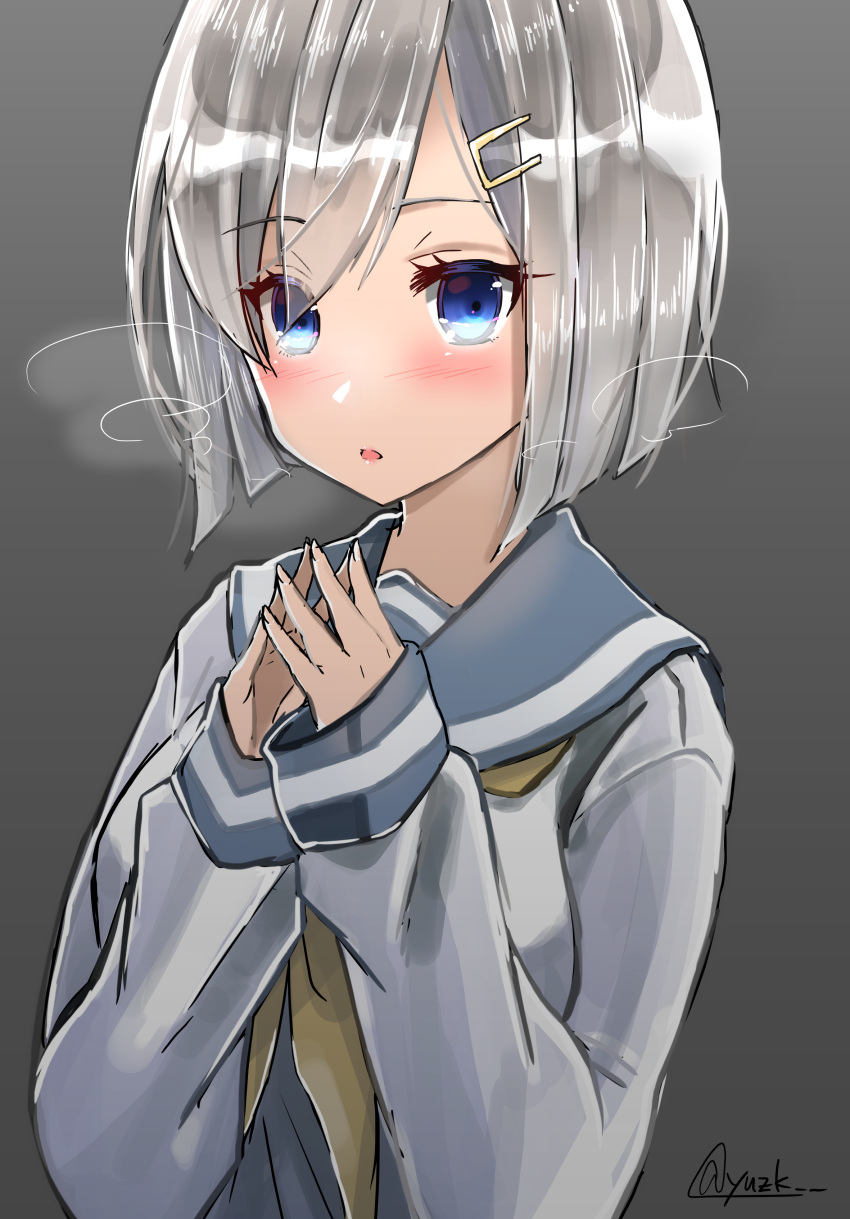 1girl, absurdres, blue_eyes, blush, hair_ornament, hamakaze_(kantai_collection), hands_together, highres