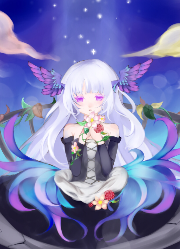 dress, flower, gwendolyn, hair_down, head_wings, headwings, long_hair, odin_sphere, purple_eyes, souka_(souspirit), violet_eyes, white_hair, wings