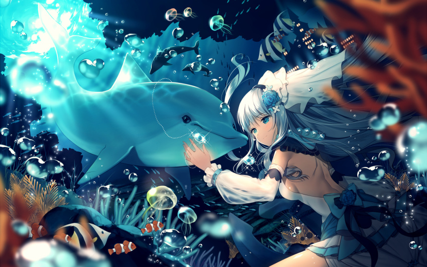 1girl, air_bubble, anchor, aqua_eyes, bare_back, bow, breasts, clownfish