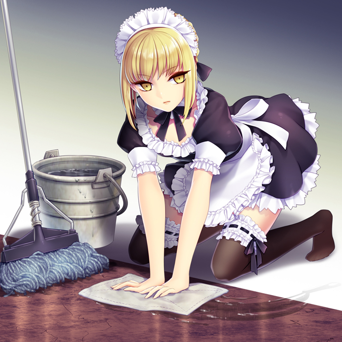 1girl, all_fours, apron, black_legwear, blonde_hair, bucket, detached_collar, fate/stay_night