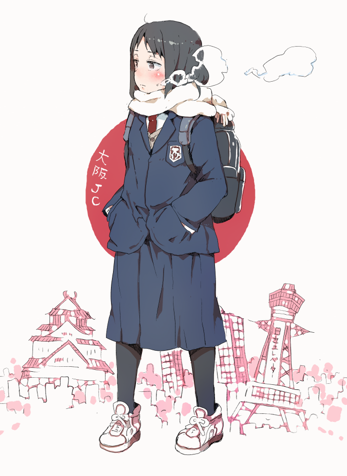 backpack, bag, black_hair, brown_eyes, coat, commentary_request, gomennasai, hands_in_pockets